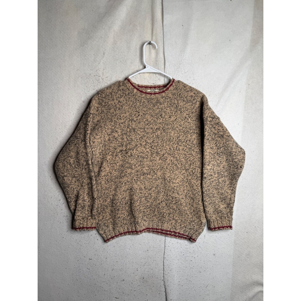 Eddie Bauer Legends Mens Medium Wool Marled Knit Crewneck Sweater Tan Red Trim